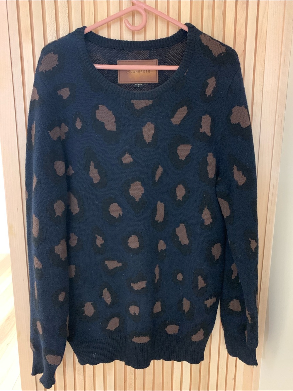 Zanerobe Navy Blue Sweater with Brown Spot Pattern Crewneck